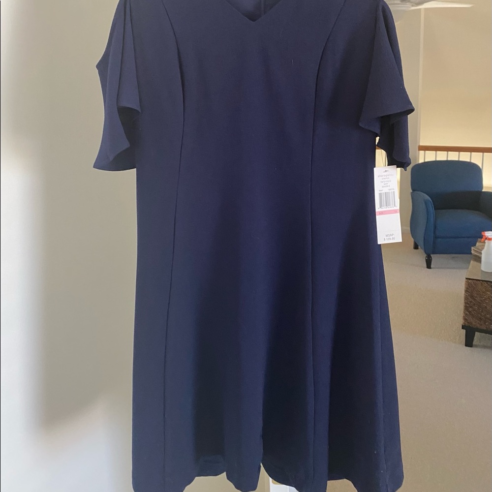Brand new size 10 Sharagano navy blue dress.tags.knee length, cold shoulder